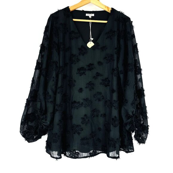 Jodifl Black Polyester Textured V-Neck Long Sheer Balloon Sleeve Blouse Size L - Picture 2 of 10